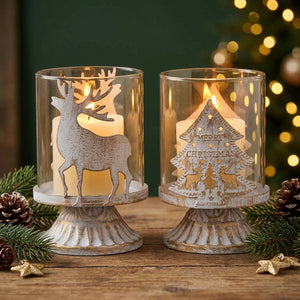 Bougeoir photophore de Noël verre métal modèles Sapin et Renne bougies allumées