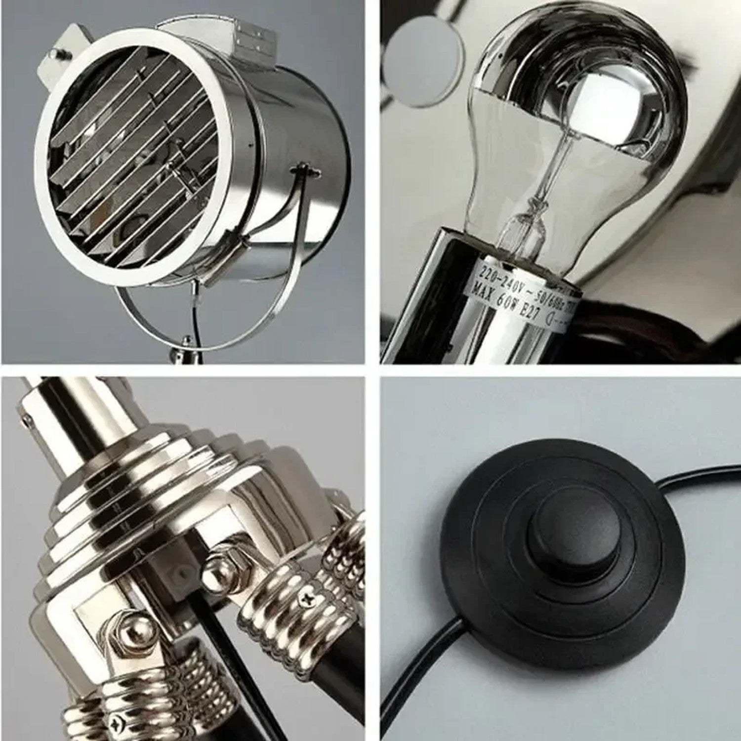 Détails lampadaire projecteur trépied métal