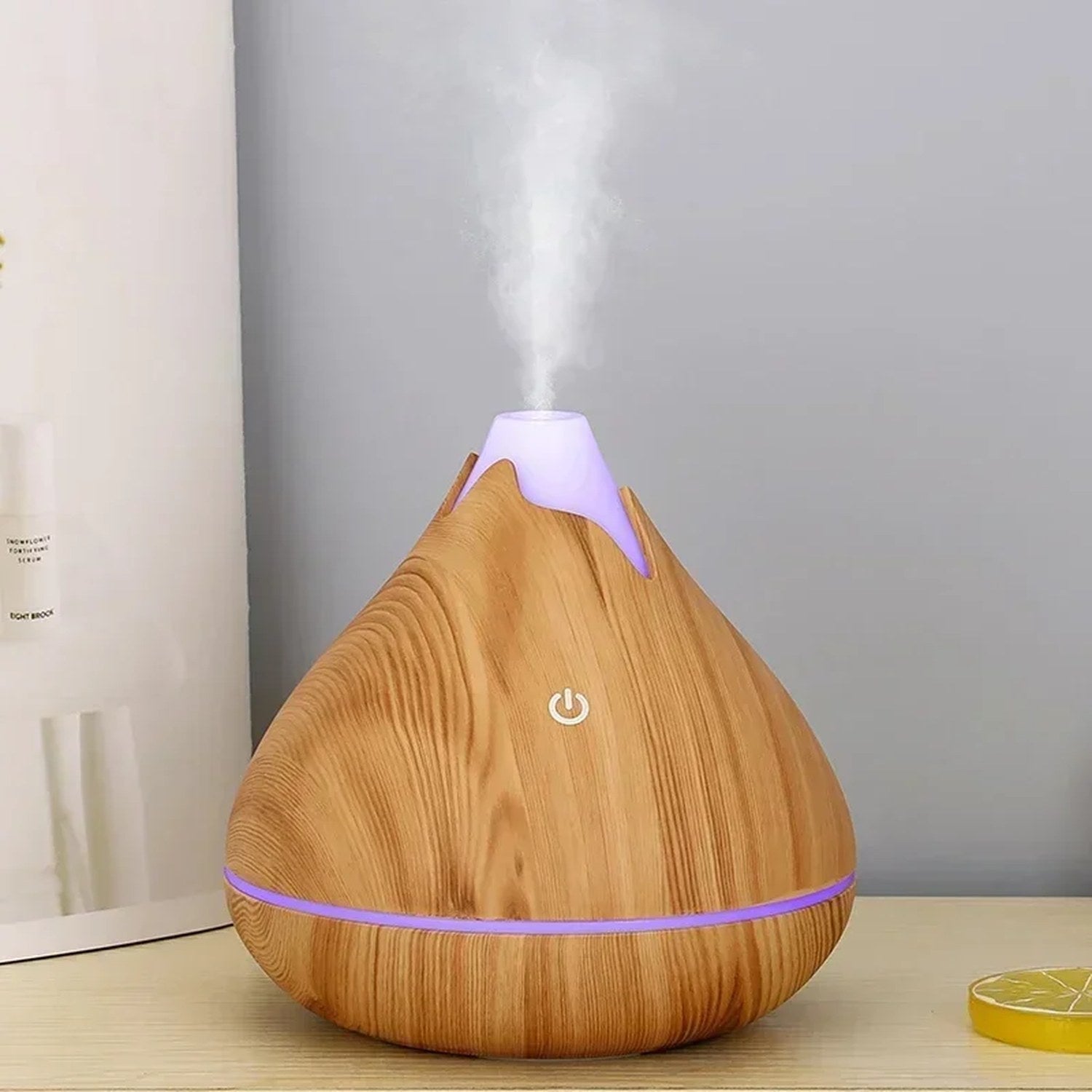 Diffuseur aromathérapie bois clair 350ml conique LED violet brume