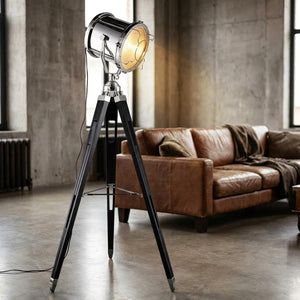 Lampadaire projecteur argenté trépied métal style studio industriel