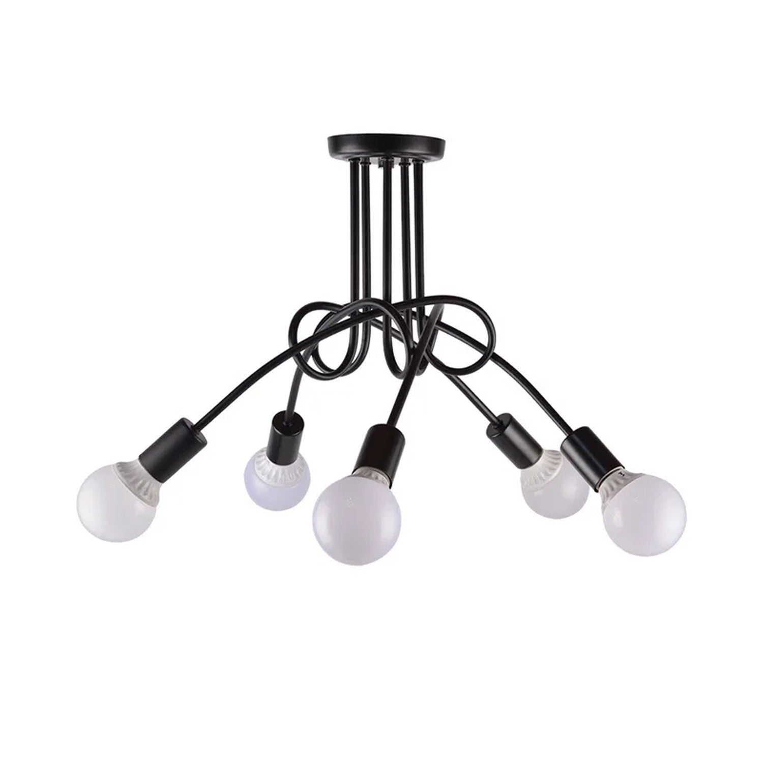 Lustre rétro 5 bras noir mat avec ampoules E27 blanches vue de face