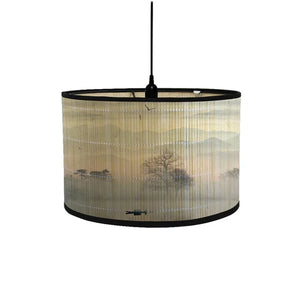 Abat-jour bambou motif Brume et barque montagne