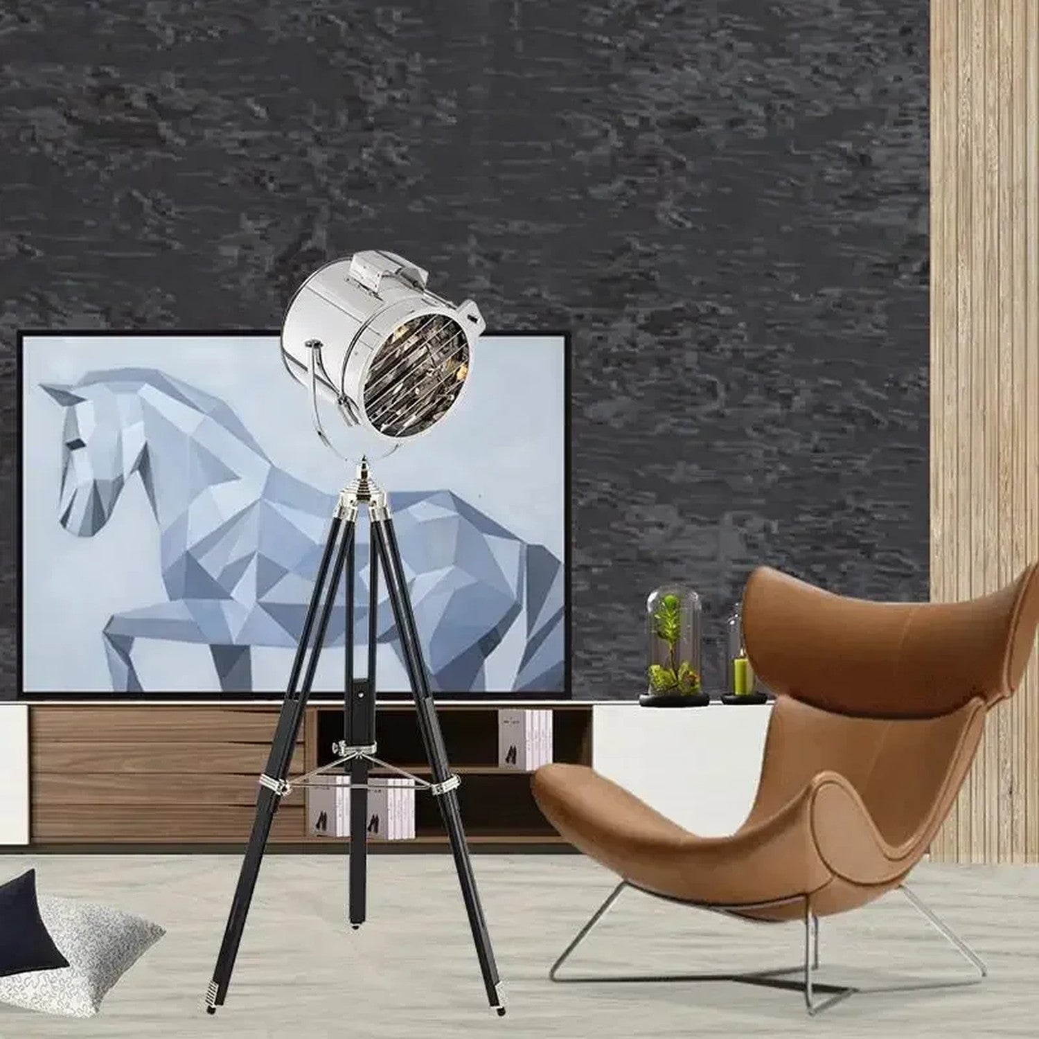 Lampadaire projecteur trépied argenté avec fauteuil