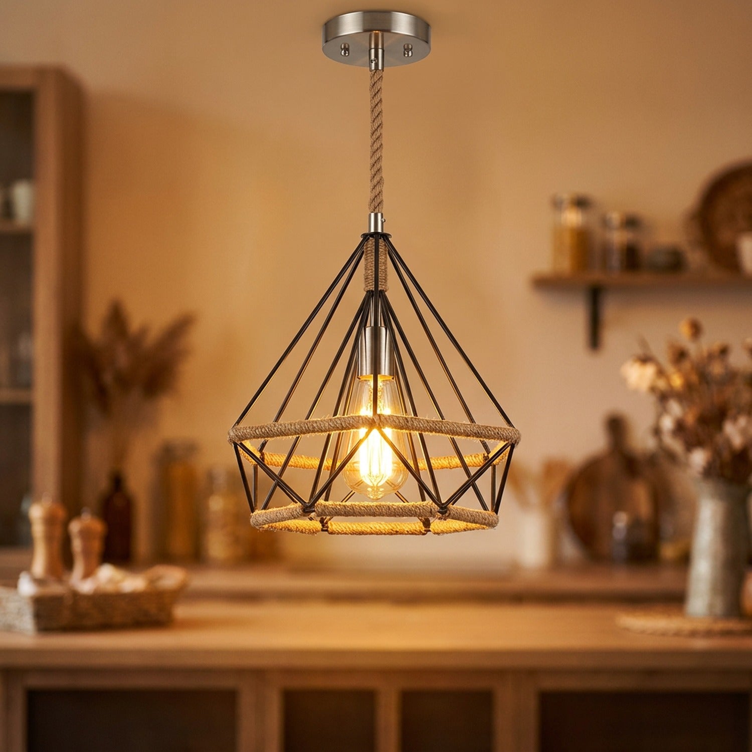 Suspension industrielle vintage corde chanvre E27 allumée loft