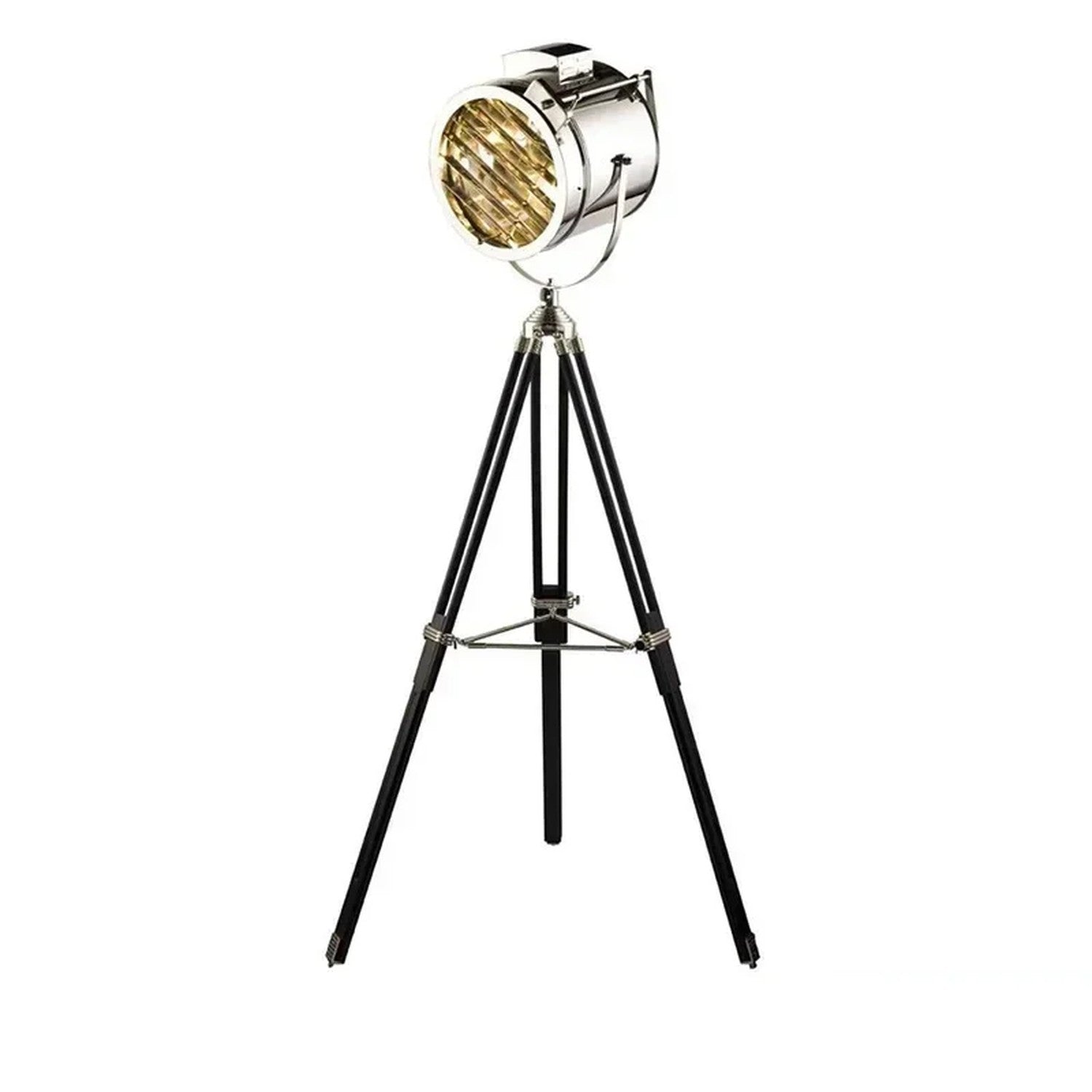 Lampadaire projecteur argenté chromé trépied métal noir