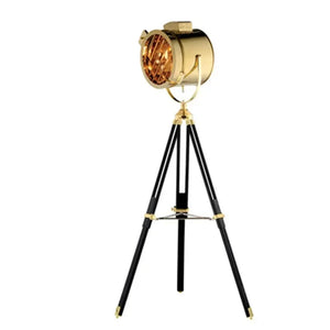 Lampadaire projecteur doré laiton trépied métal noir