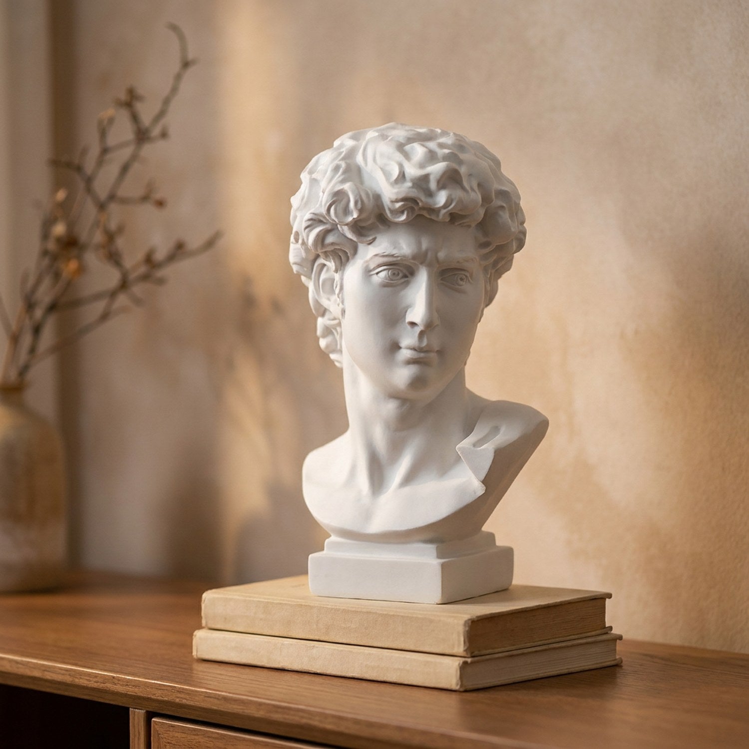 Buste antique de David en résine blanche posé sur une pile de livres