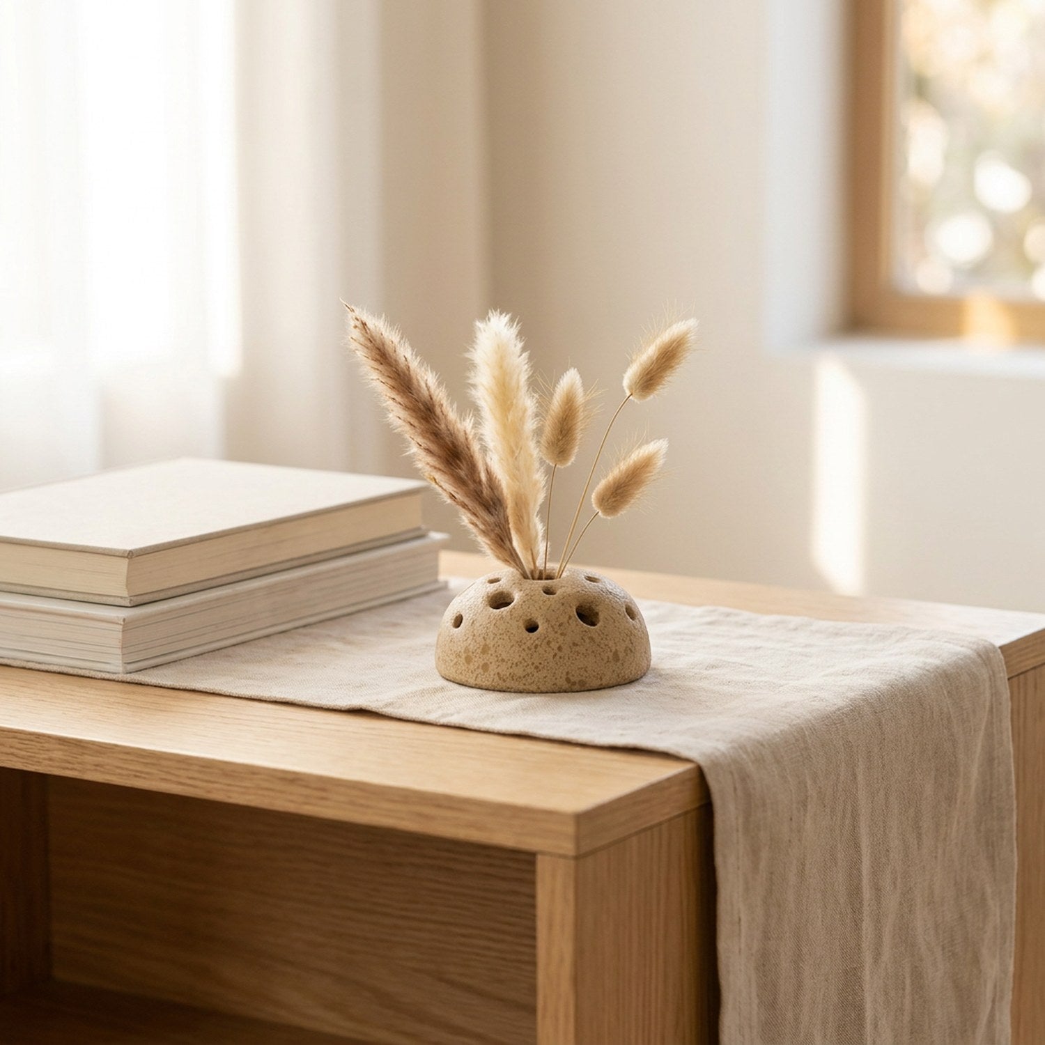 Vase graine de lotus sur une console claire dans un salon japandi lumineux