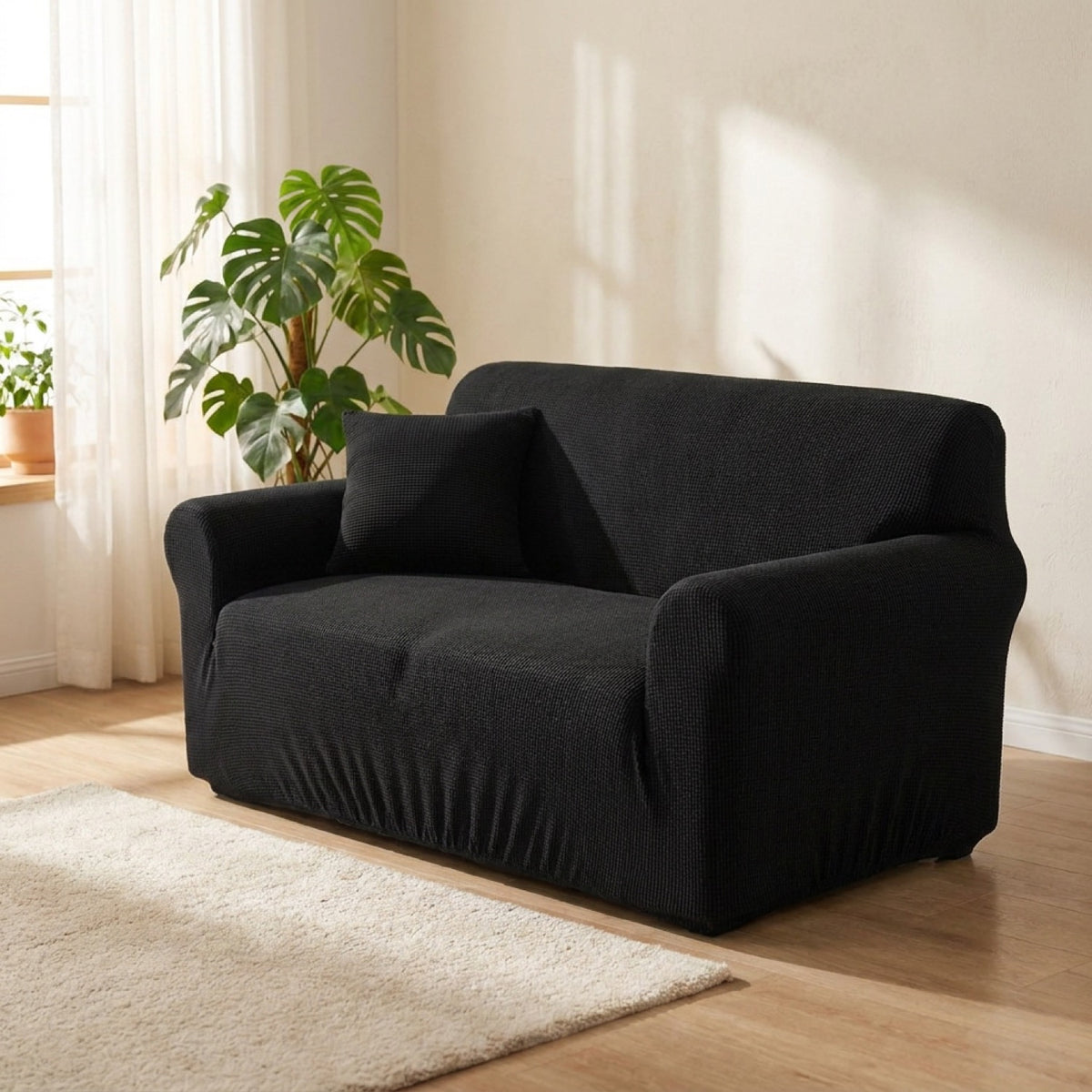 Housse de canapé noire dans un salon scandinave lumineux avec plante verte