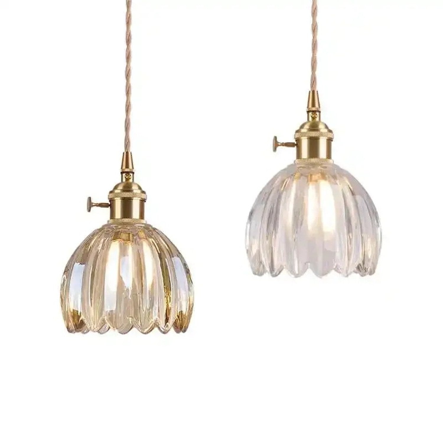 2 suspensions en verre floral torsadé transparent sur fond blanc