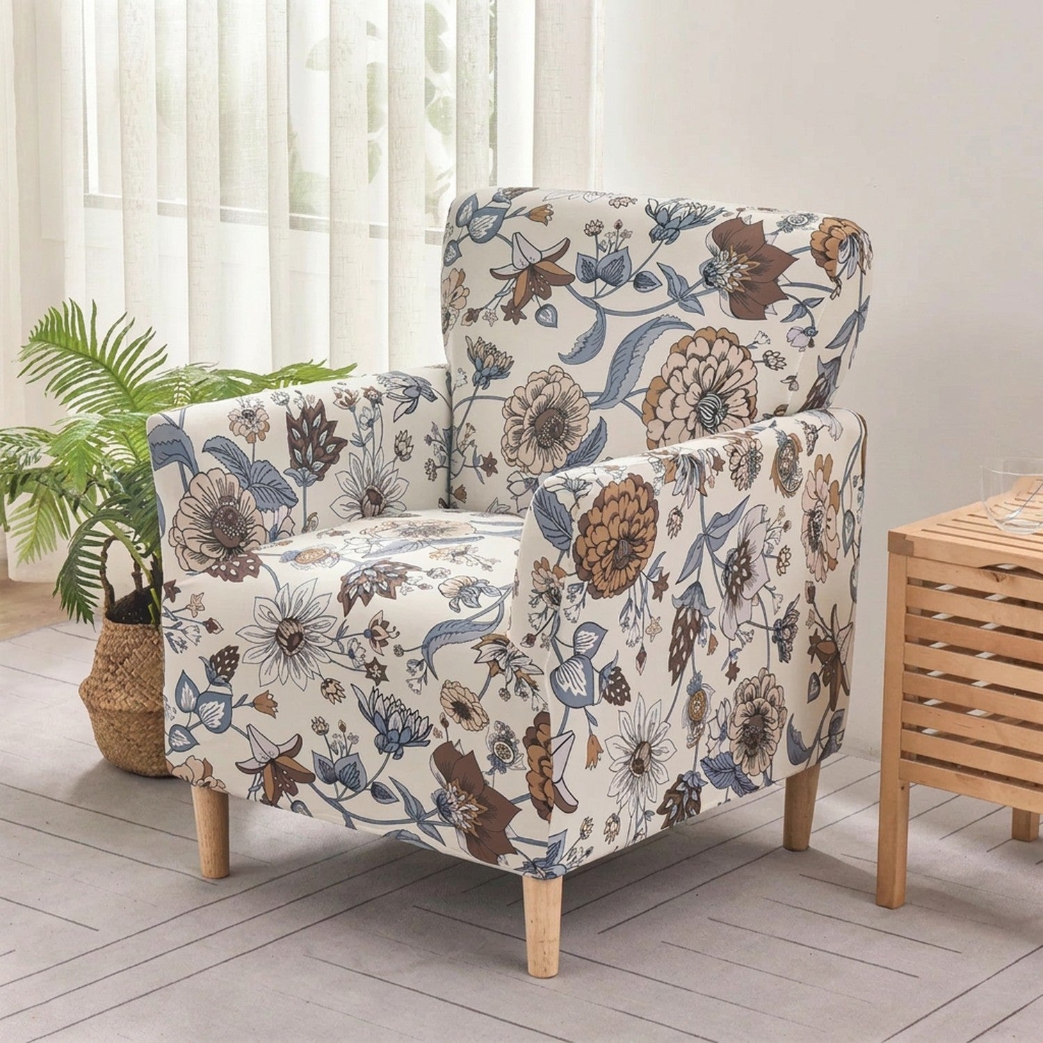 Fauteuil club housse motif fleurs bohèmes bleu et marron