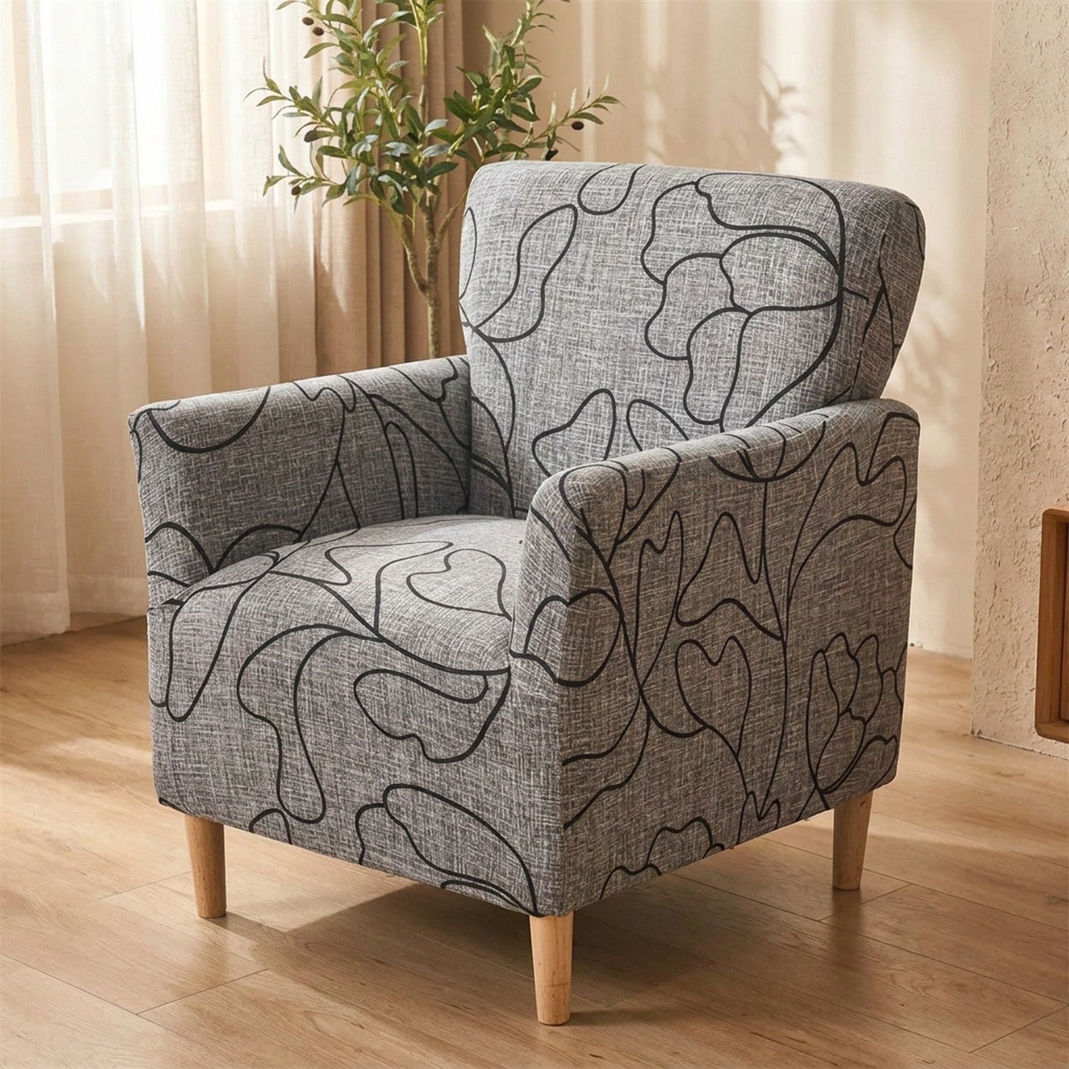 Fauteuil club housse motif fleurs graphiques gris