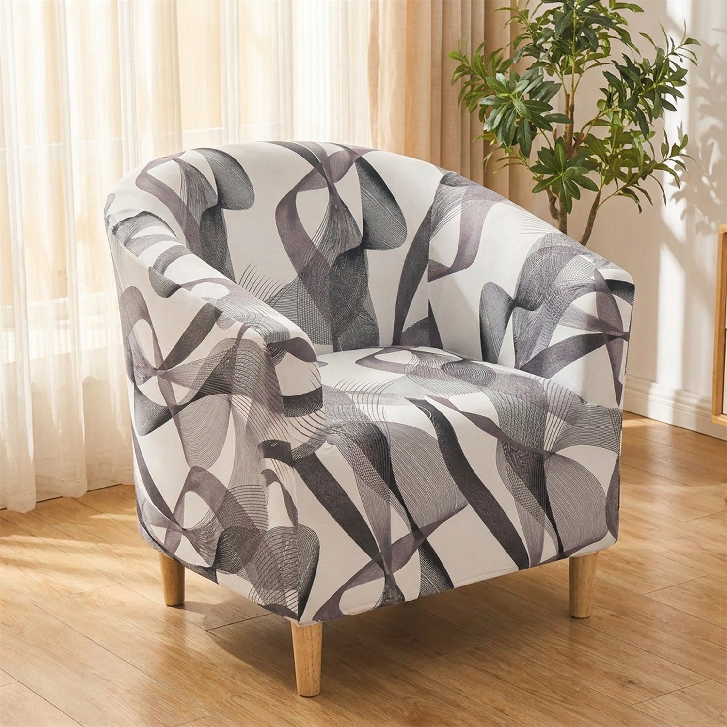 Fauteuil club housse motif rubans abstraits gris