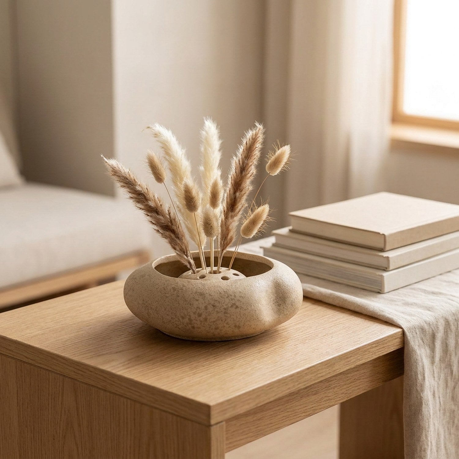 Vase galet sur une console claire dans un salon japandi lumineux