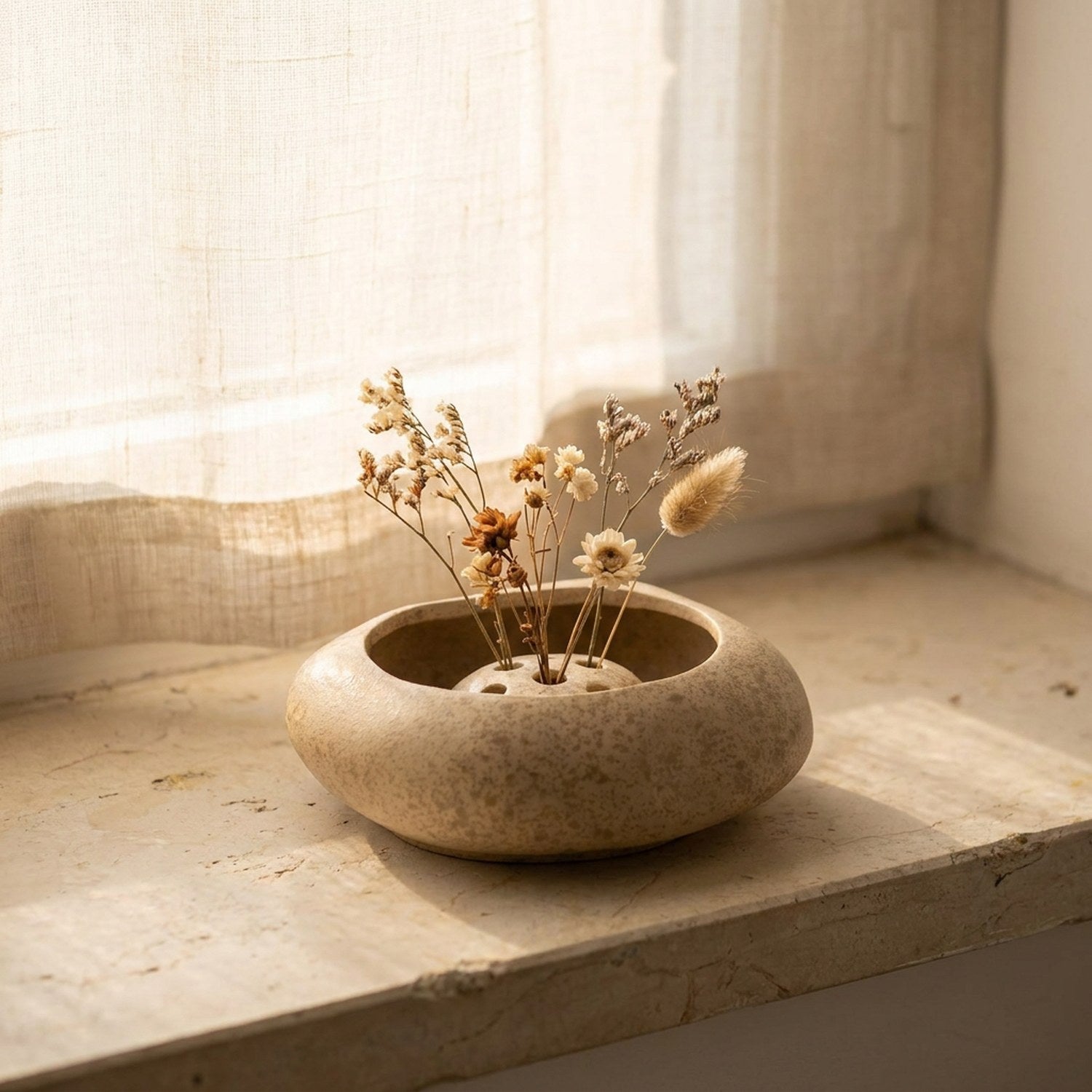 Vase galet sur un rebord de fenêtre baigné de lumière douce