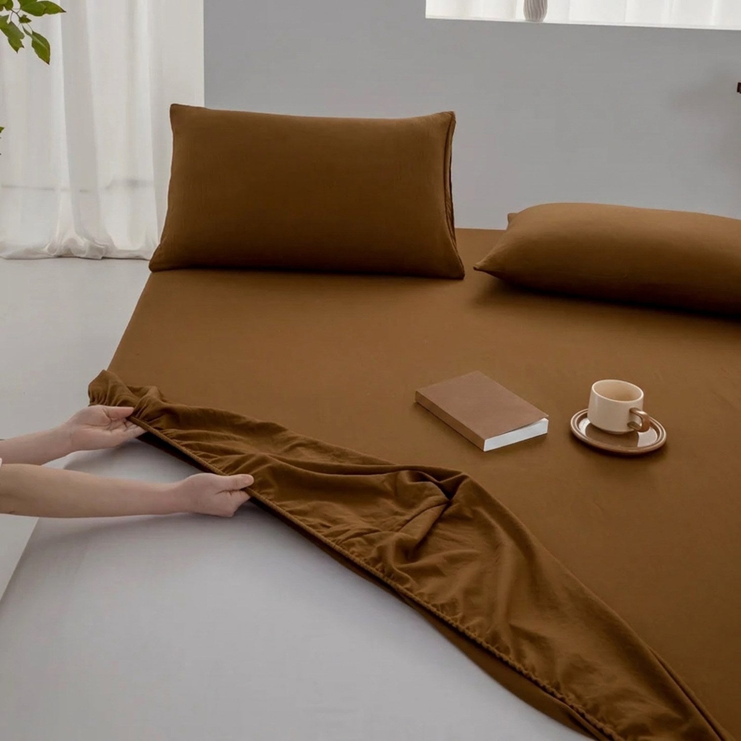Drap-housse en coton couleur marron