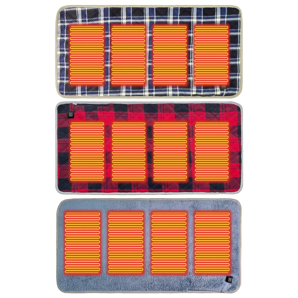Trois coussins chauffants pliables à 3 niveaux de température avec motifs variés, montrant les zones de chauffage réparties sur toute la surface.