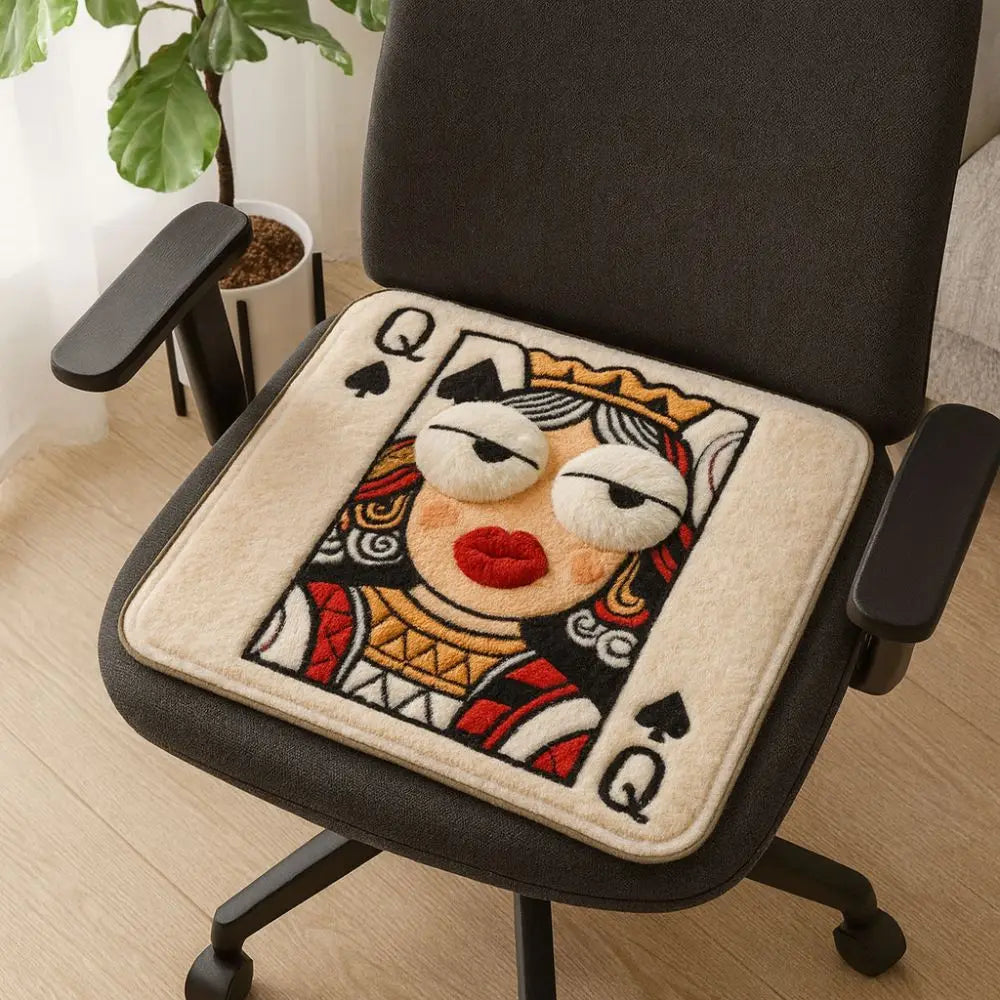 Coussin de chaise carré antidérapant avec motif ludique inspiré d’une carte à jouer, posé sur une chaise de bureau, offrant une surface moelleuse et une base stable adaptée à un usage quotidien.