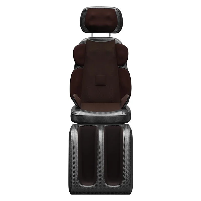 Un coussin massant relaxant pour dos et jambes installé sur un siège avec appui-tête et repose-jambes, conçu pour offrir un massage relaxant du dos jusqu’aux jambes.