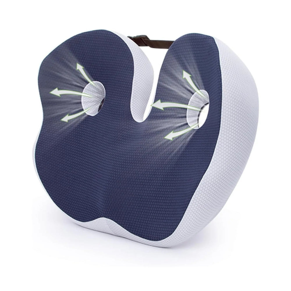Un coussin orthopédique coccyx ergonomique avec forme sculptée et ouvertures centrales, conçu pour améliorer le confort d’assise sur une chaise ou un siège de bureau.