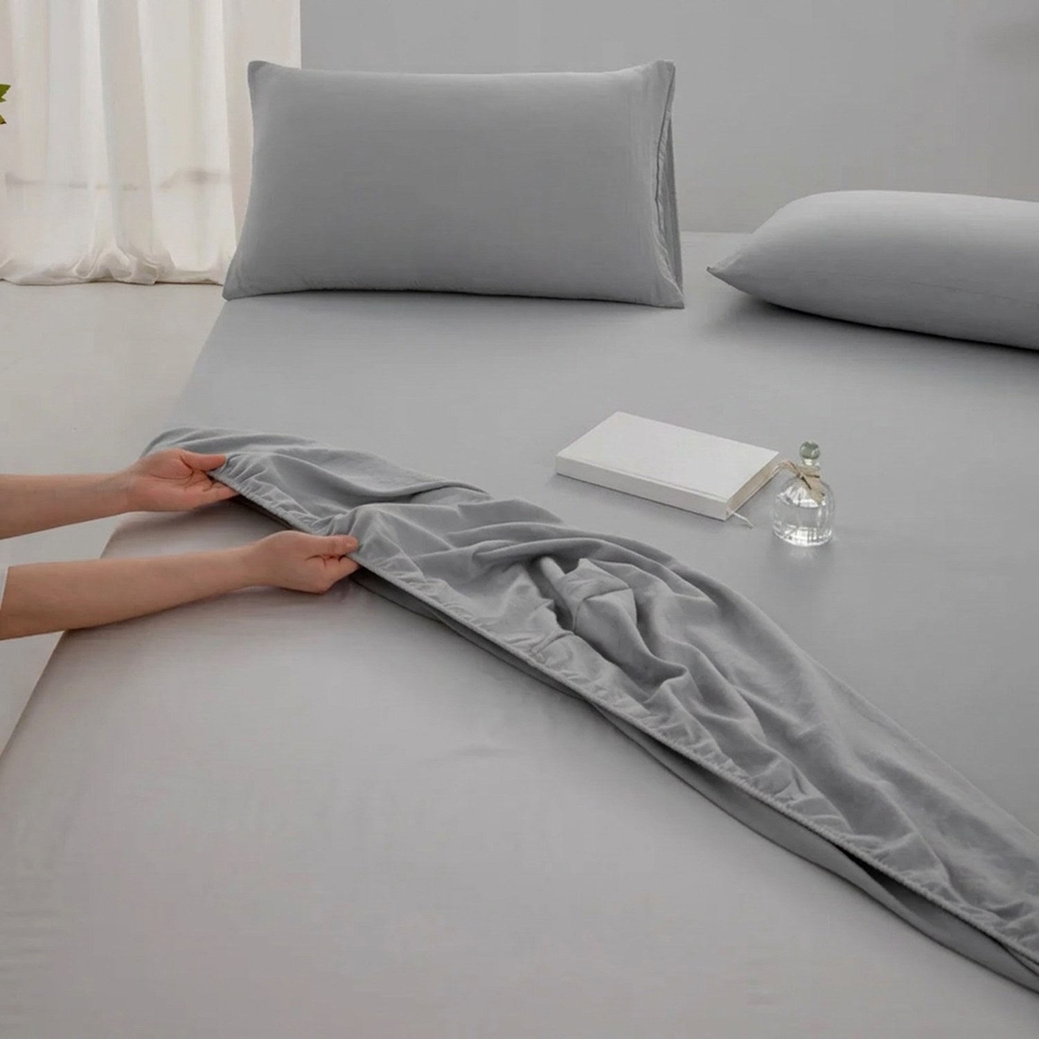 Drap-housse en coton couleur gris