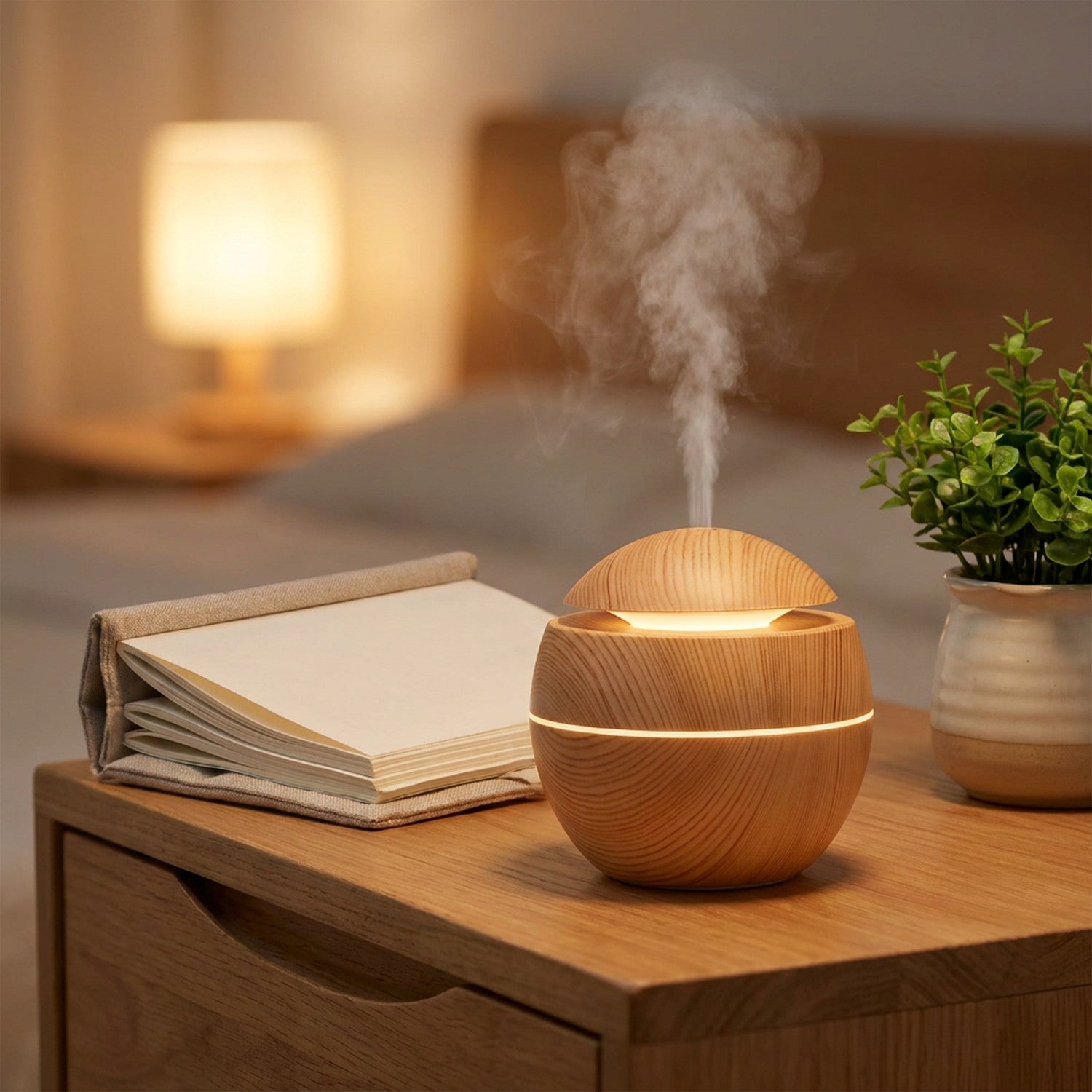 Diffuseur d'arômes effet bois sur une table de chevet avec un livre et une plante
