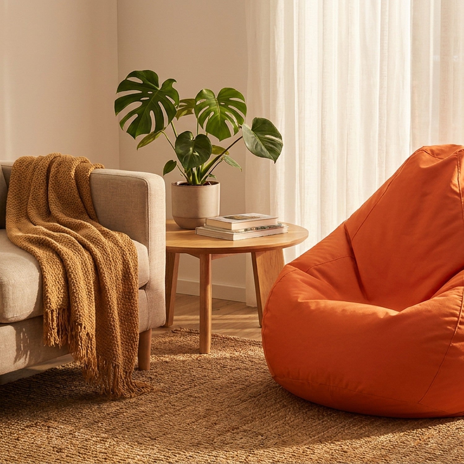 Pouf poire orange dans un salon cosy avec canapé et plante