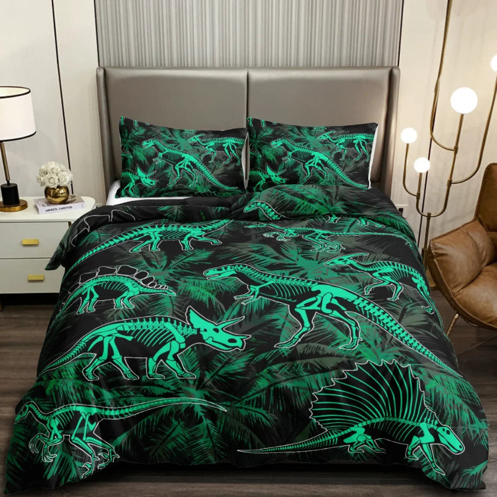 Parure de lit dinosaure motif dinosaures en version squelette, en vert lumineux, posée sur un lit moderne dans une chambre élégante.