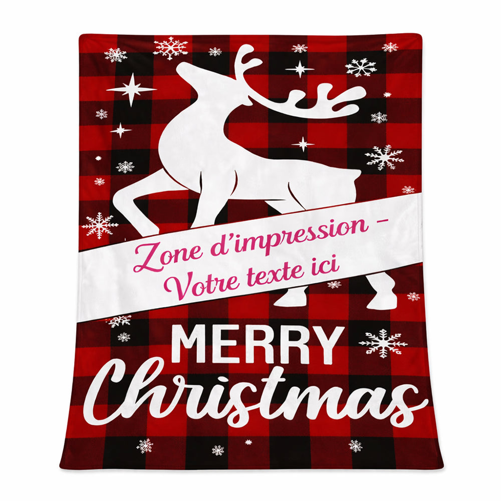 Un plaid personnalisé avec texte motif renne de noël, illustré d’un grand renne stylisé et d’une zone centrale permettant d’ajouter un message personnalisé, entouré d’éléments hivernaux et d’une inscription festive.