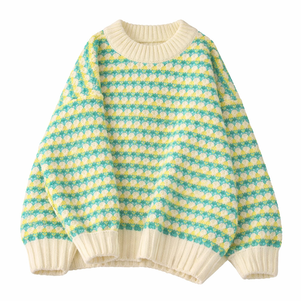 Pull plaid femme en maille épaisse, coupe confortable avec col rond et manches longues, idéal pour rester bien au chaud au quotidien.