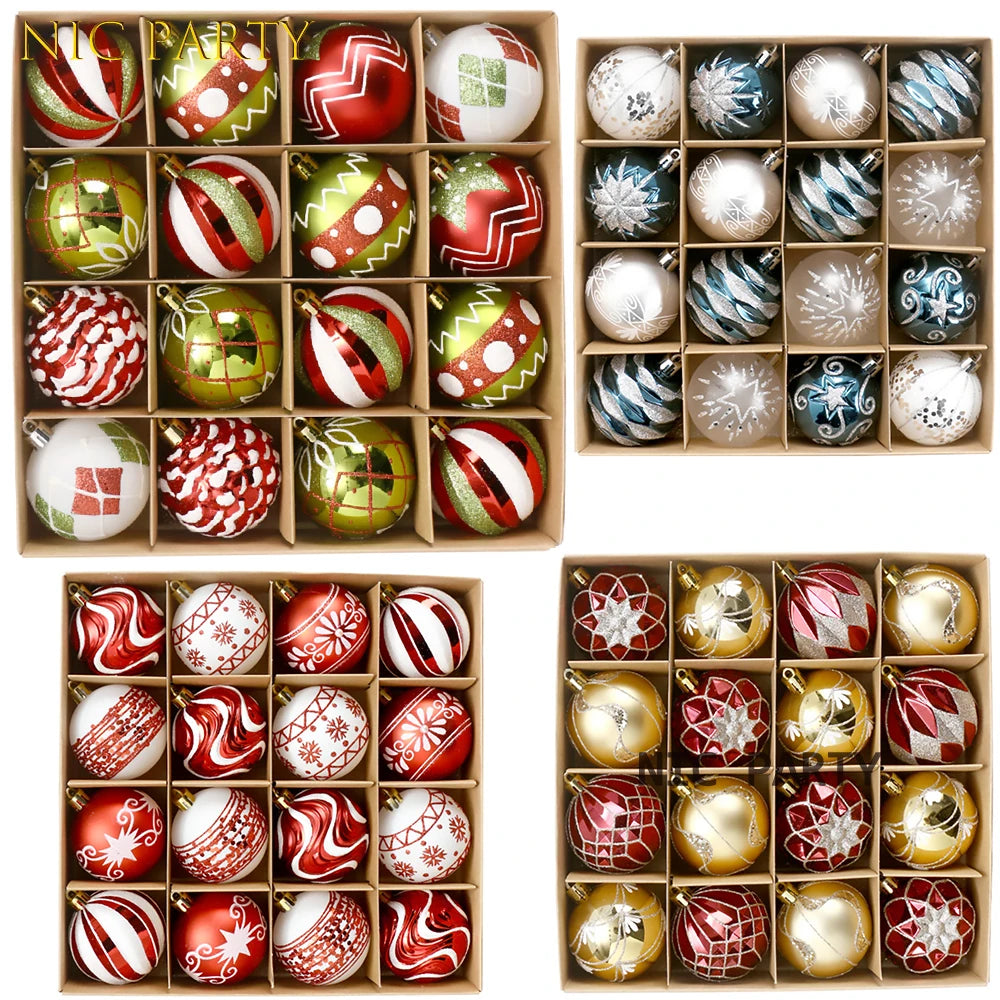Ensemble de seize boules de Noël colorées avec motifs festifs variés disposées pour décoration sapin