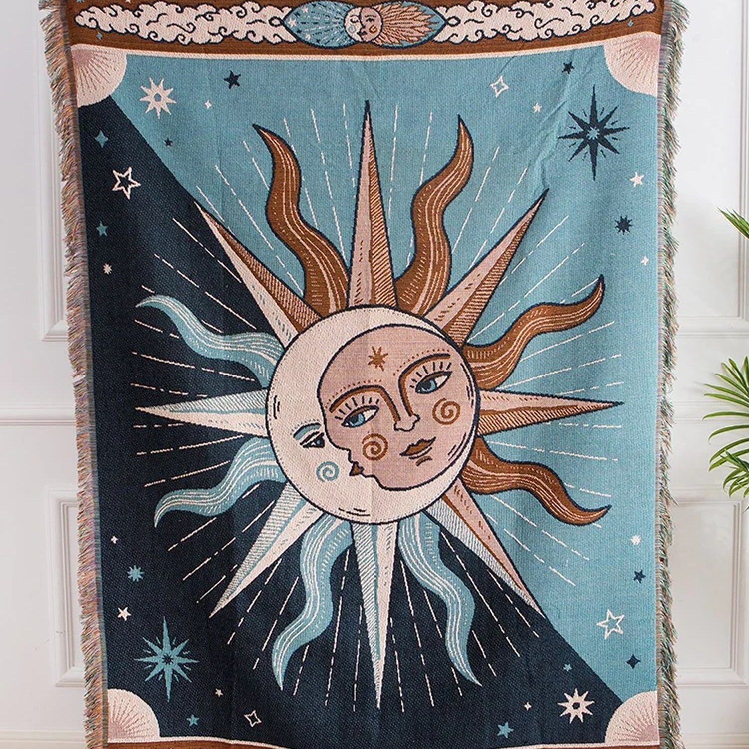 Tapisserie plaid soleil et lune céleste vue complète sur fond clair