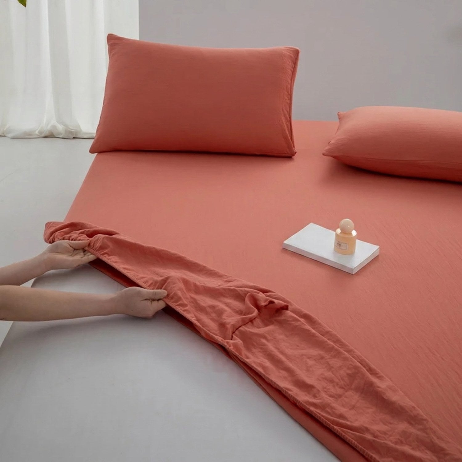 Drap-housse en coton couleur terracota