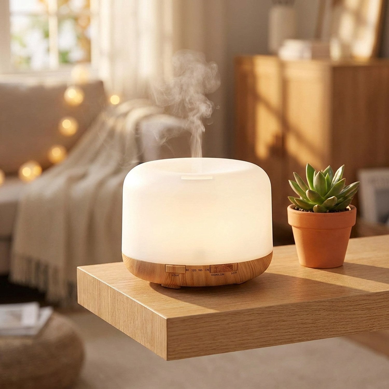 Diffuseur d'arôme 500ml bois LED sur étagère en situation