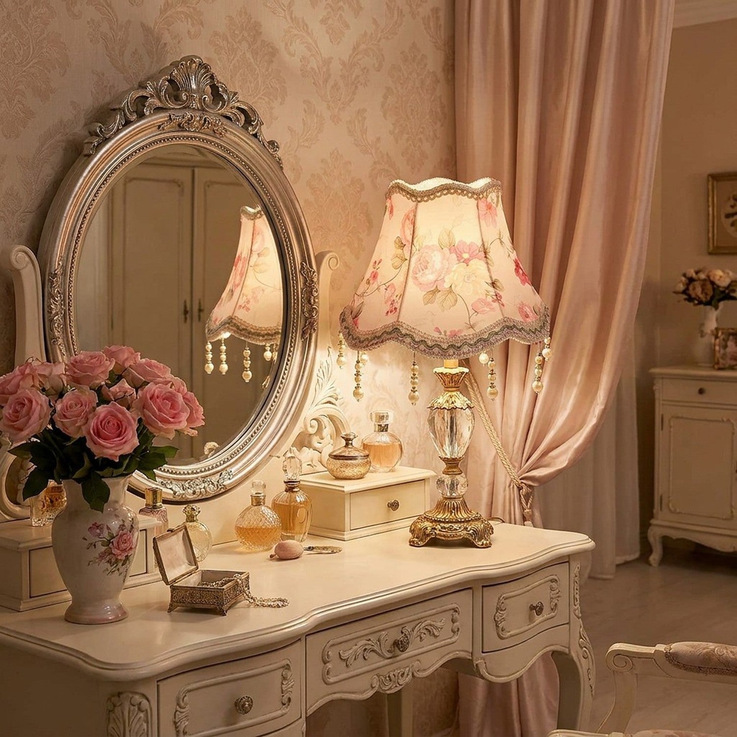 Abat-jour rose vintage sur coiffeuse dans chambre à l'esprit romantique français