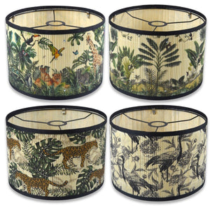 Vue des quatre modèles d'abat-jour bambou cylindrique jungle safari léopard estampe forêt