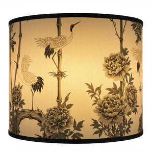 Abat-jour bambou cylindrique modèle Estampe motif grues pivoines encre noire chinoiserie