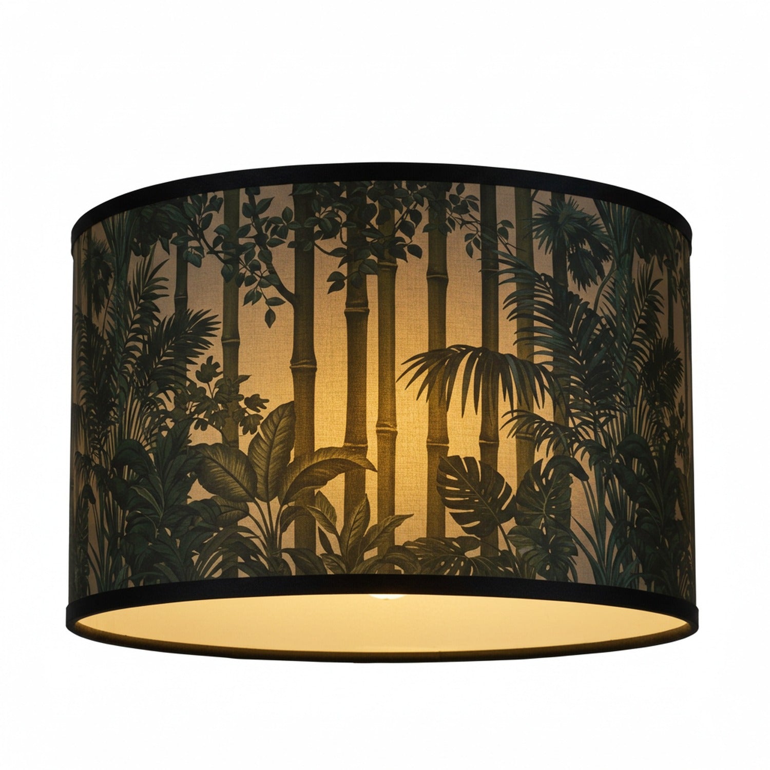 Abat-jour bambou cylindrique modèle Forêt motif forêt tropicale sombre feuillage vert