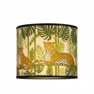 Abat-jour bambou cylindrique modèle Léopard motif félins tropicaux jungle fond beige