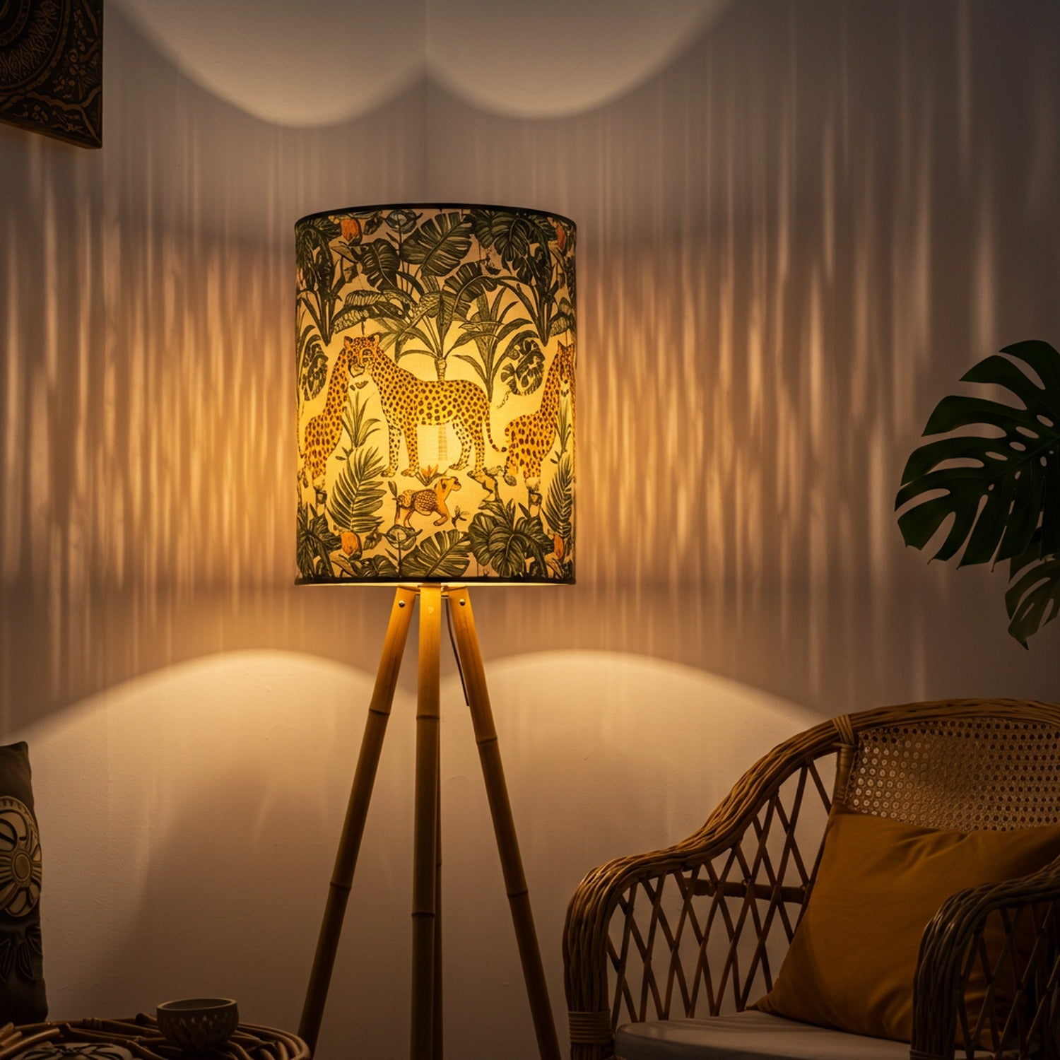 Abat-jour bambou motif léopard tropical allumé sur lampadaire ambiance chaleureuse