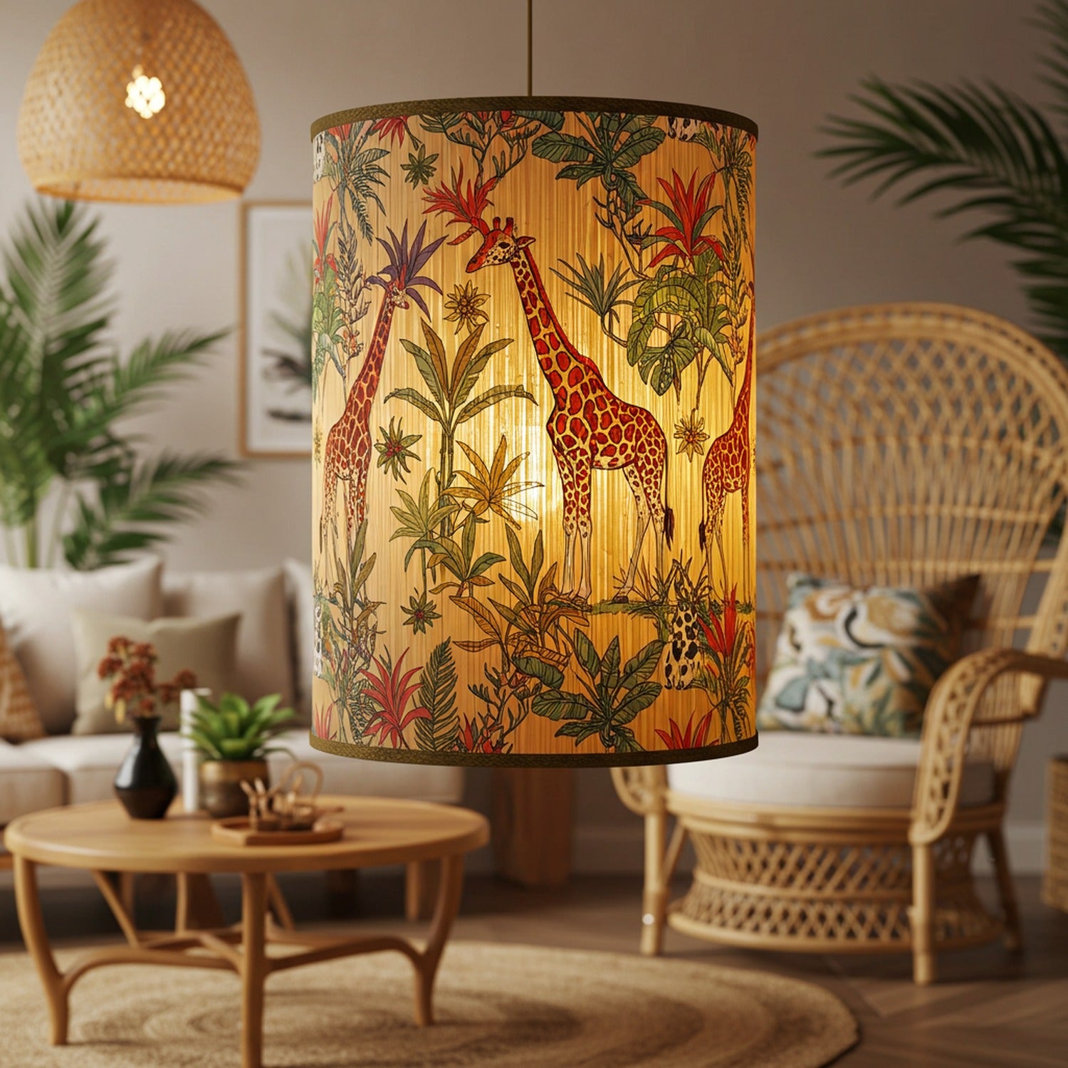 Abat-jour cylindrique bambou motif jungle safari suspendu dans un salon bohème