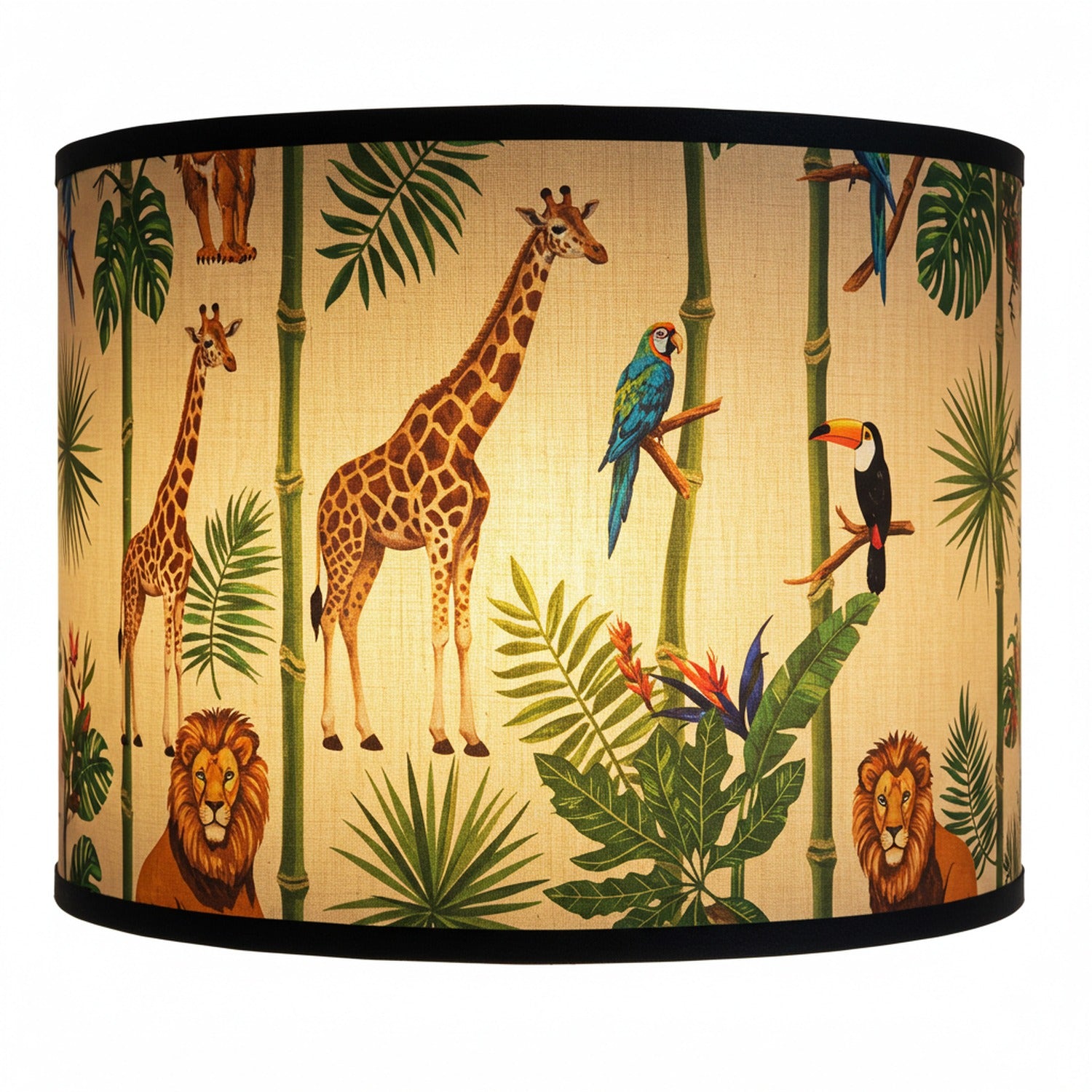Abat-jour bambou cylindrique modèle Savane motif safari girafes oiseaux tropicaux fond beige