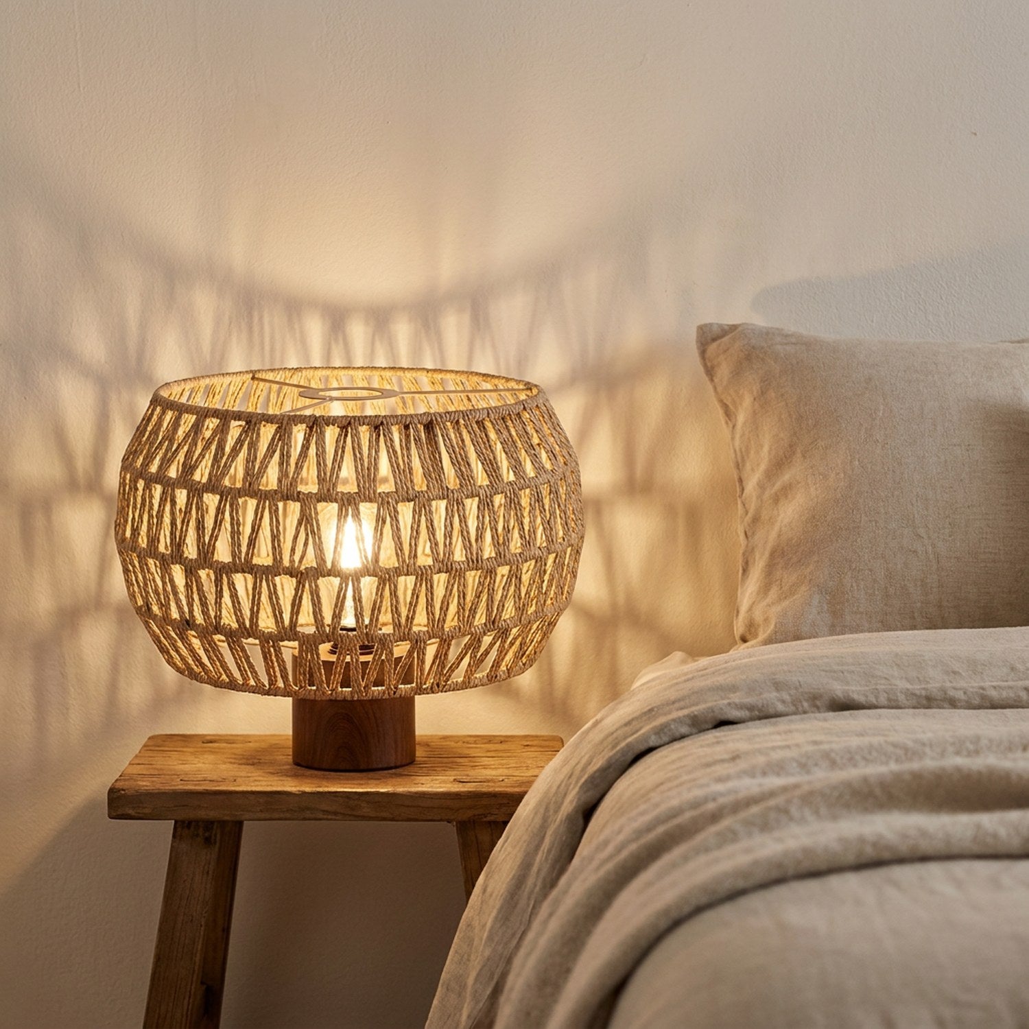 Abat-jour en corde de papier sur une lampe de chevet allumée dans une chambre