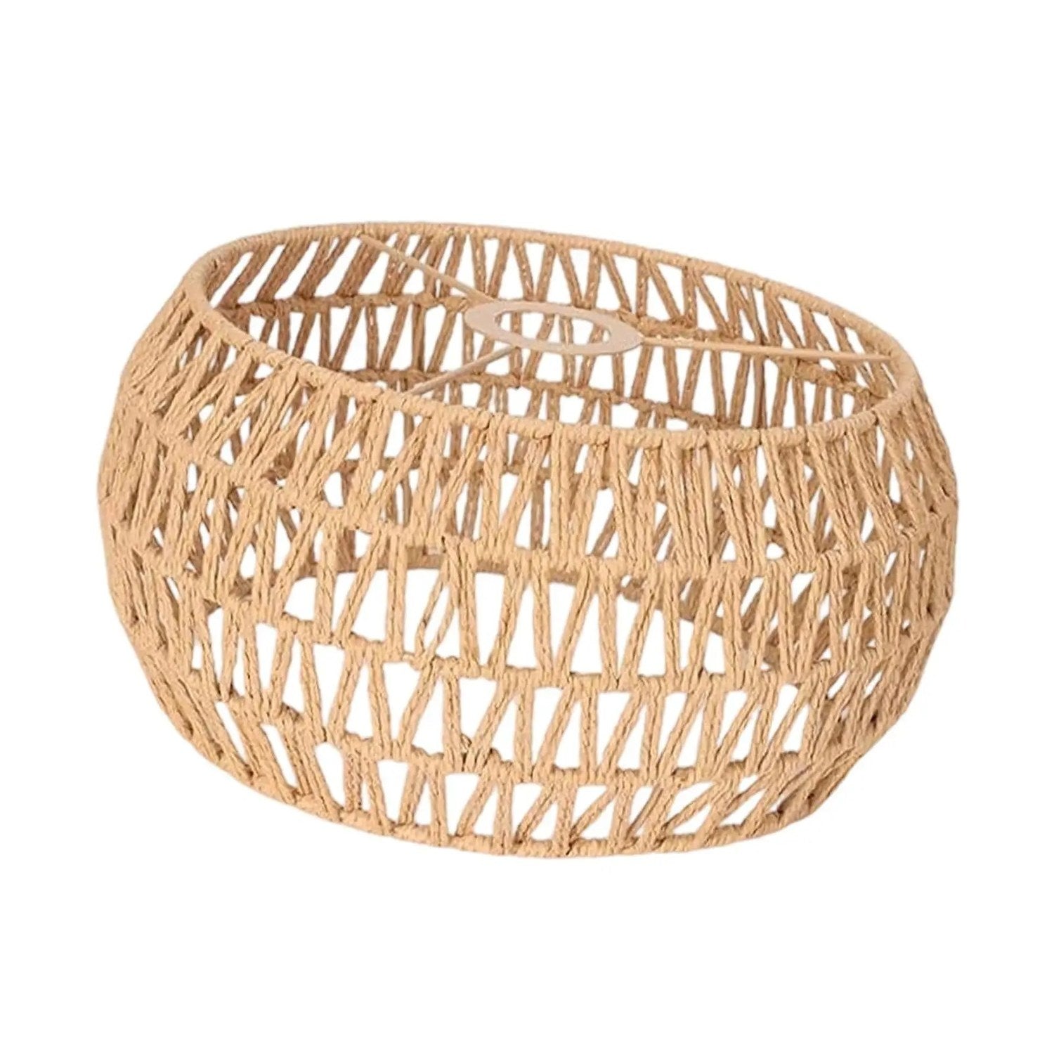 Abat-jour en corde de papier tressée beige vu de près avec sa maille ajourée