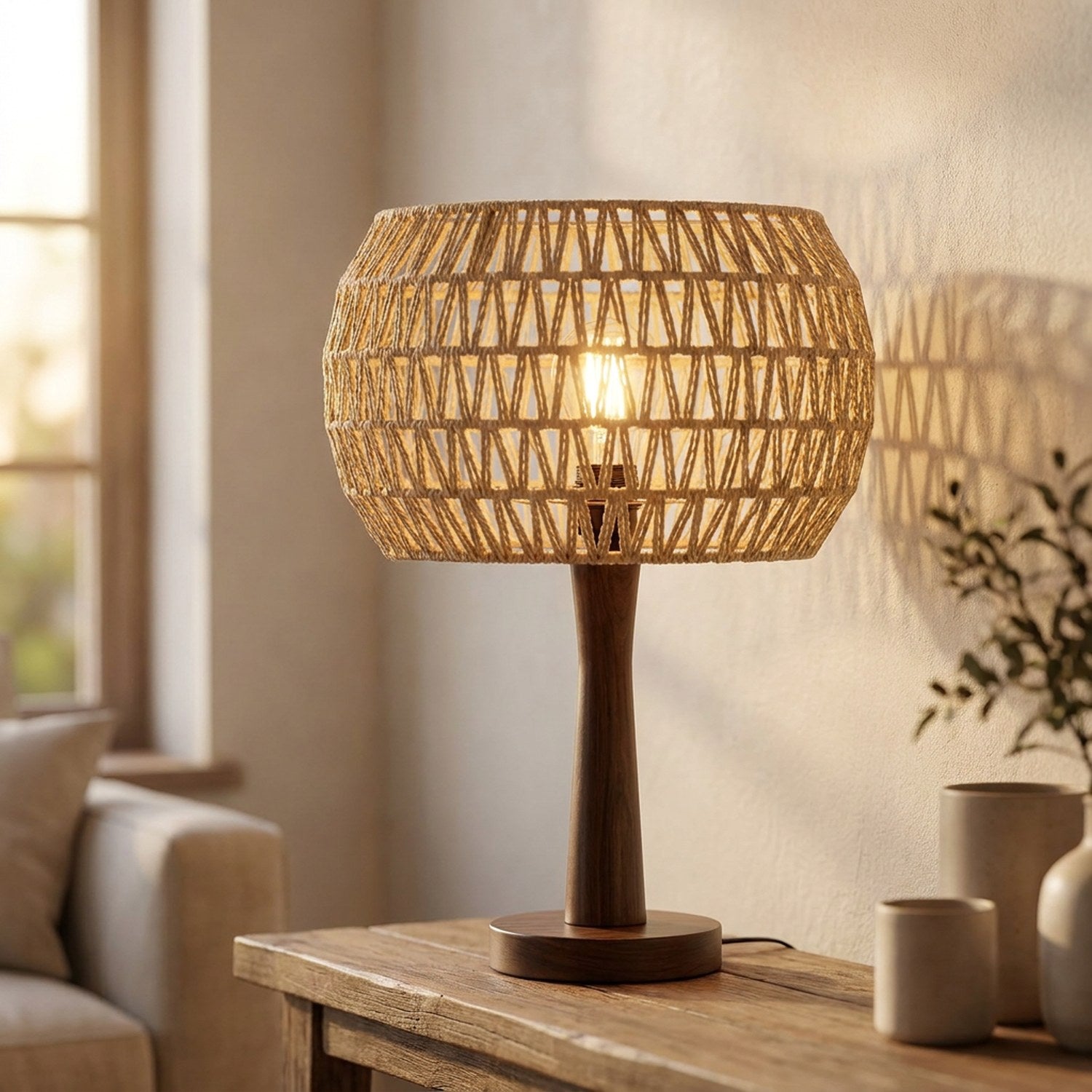 Abat-jour en corde de papier tressée beige allumé sur une lampe à poser dans un salon chaleureux
