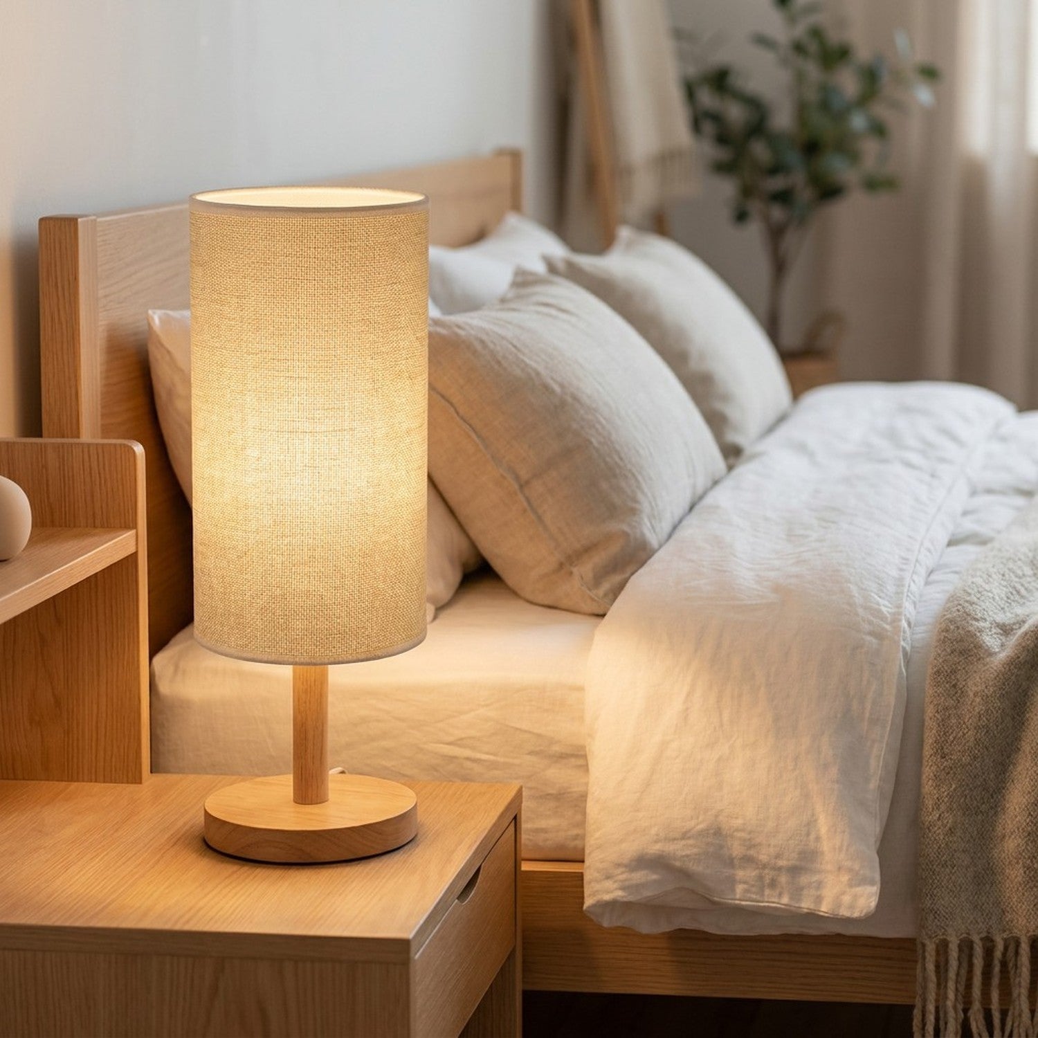 Abat-jour en lin beige sur lampe de chevet dans une chambre cosy scandinave