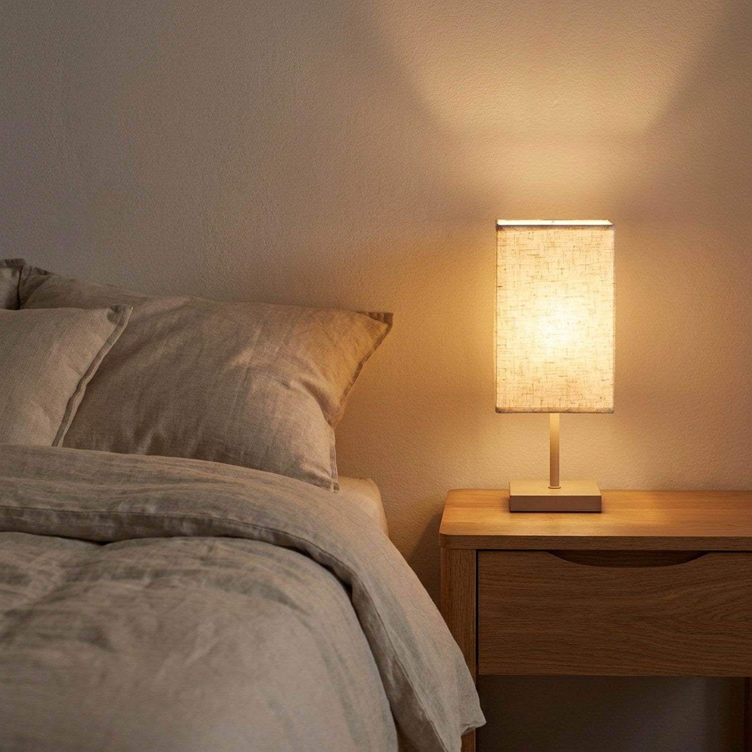 Abat-jour carré en lin sur une lampe de chevet dans une chambre