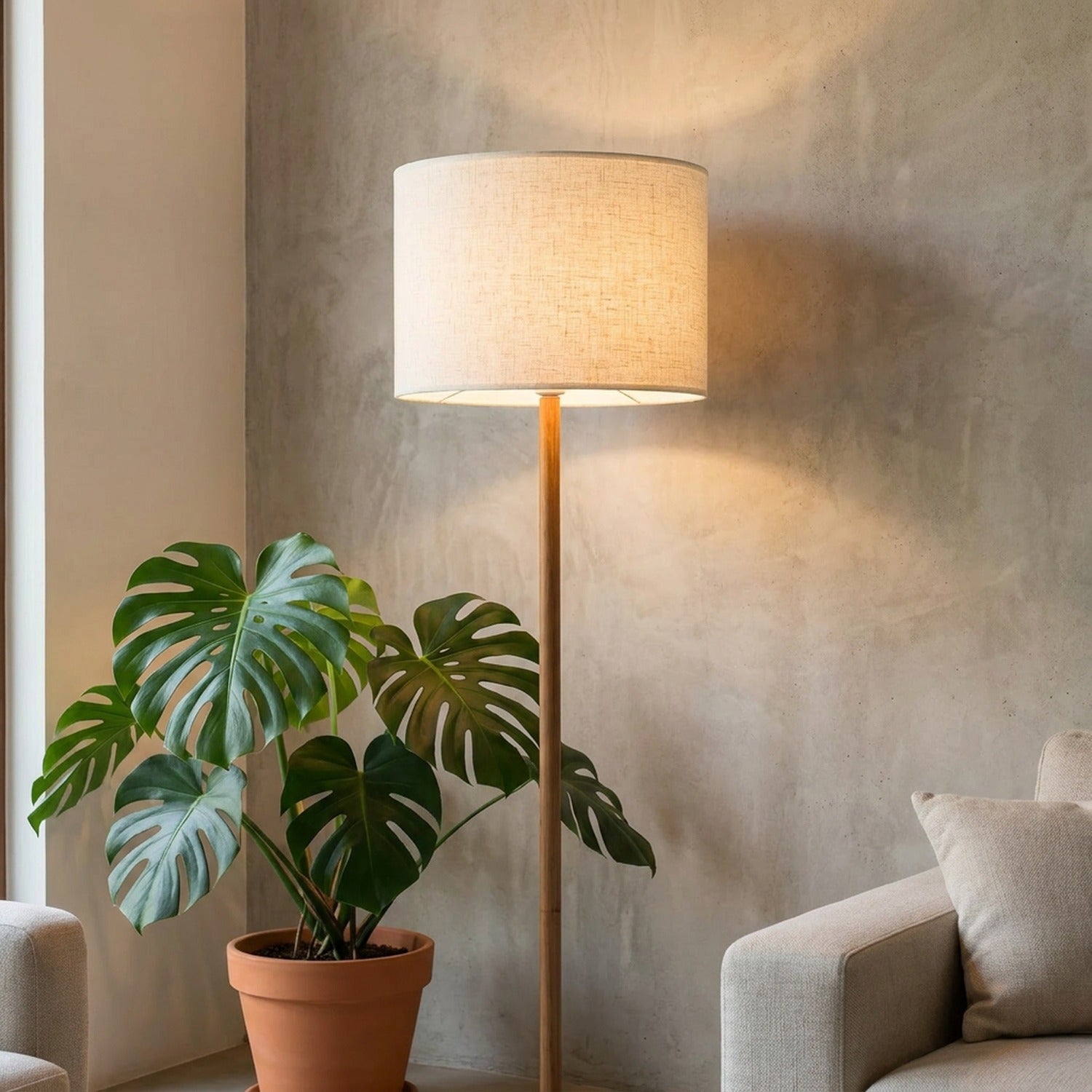 Abat-jour tambour vintage sur lampadaire dans un salon Japandi avec monstera
