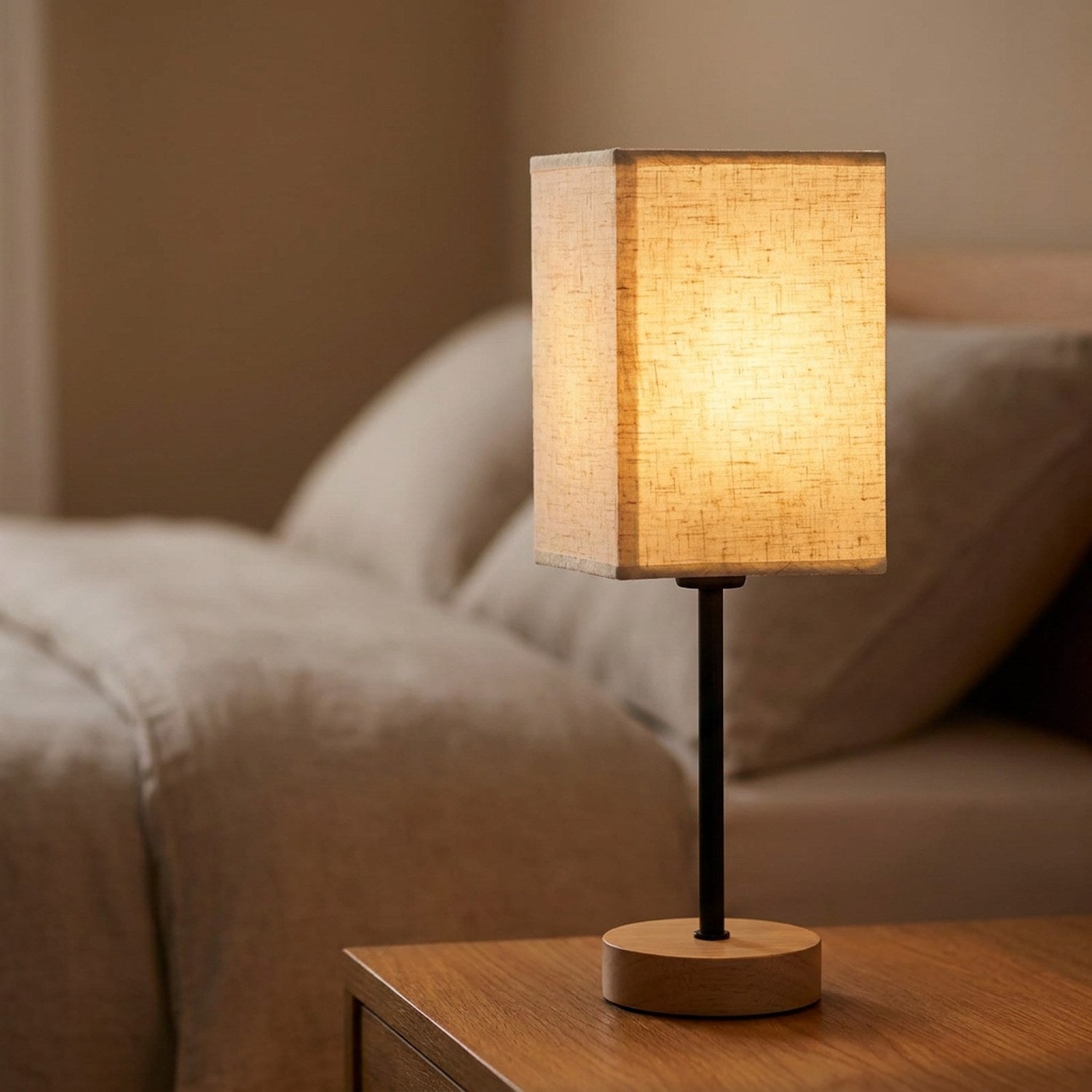 Abat-jour carré en lin beige naturel posé sur une lampe à poser dans un intérieur chaleureux
