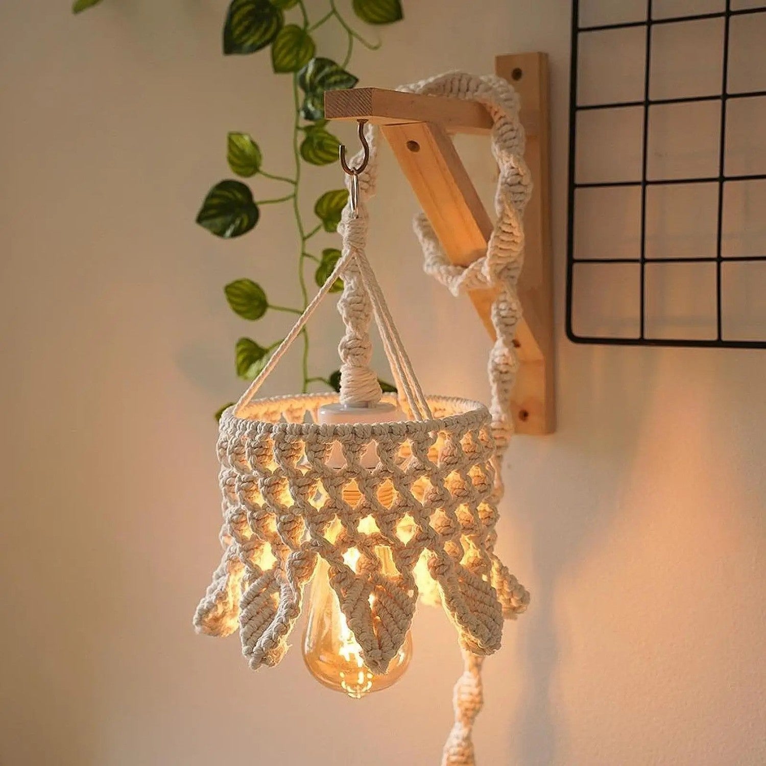 Abat-jour macramé ampoule Edison support mural bois